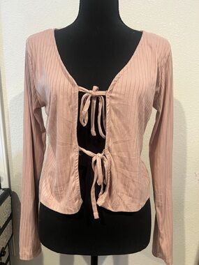 Tie-Front Ribbed Long Sleeve Top - Dusty Pink